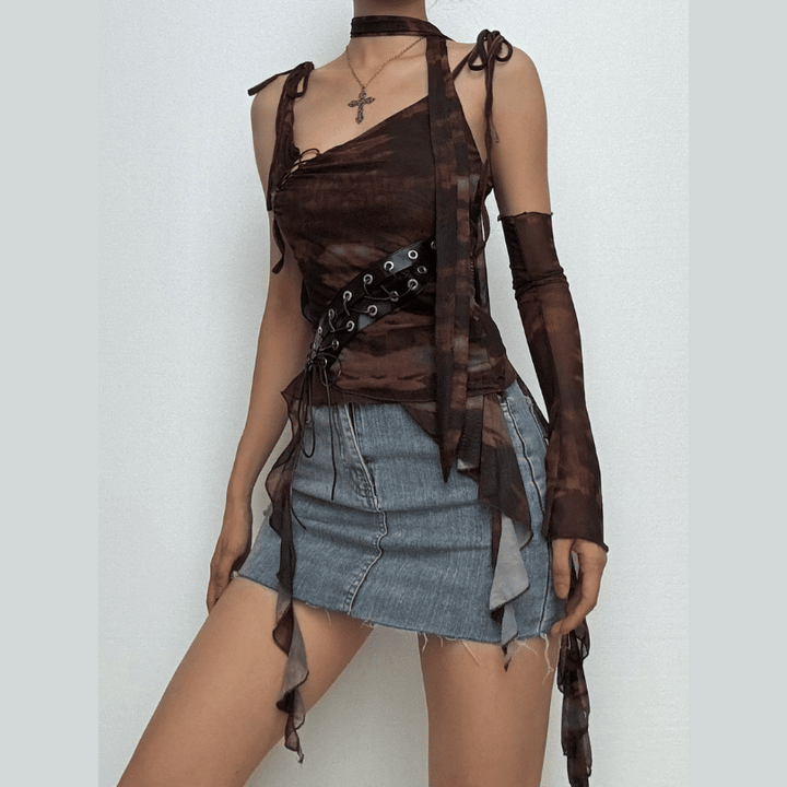 Glove tie dye sheer mesh patchwork ruffle top  | Festival Outfits Women