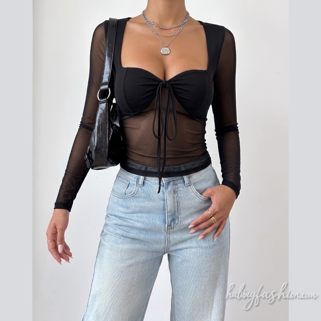 Long sleeve self tie v neck mesh backless top