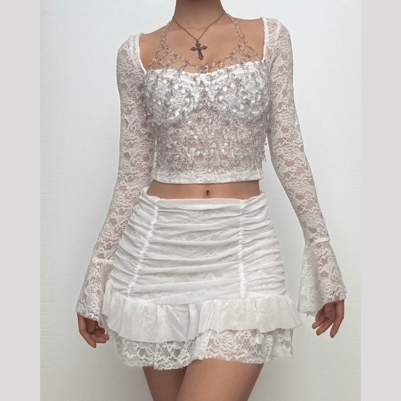 Long flared sleeve ruched lace sweetheart neck solid mini skirt set  | Festival Outfits Women