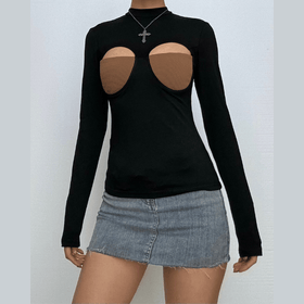 Long sleeve crewneck patchwork hollow out cut out top-final-sale  | Festival Outfits Women