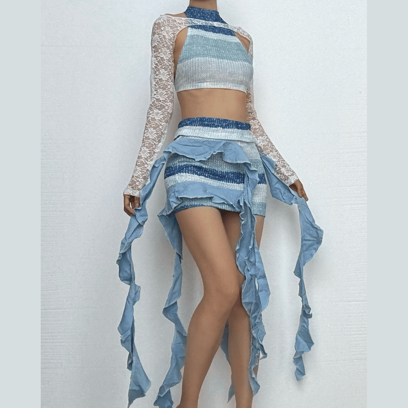 Crewneck long sleeve lace 3 piece striped print mini skirt set  | Festival Outfits Women