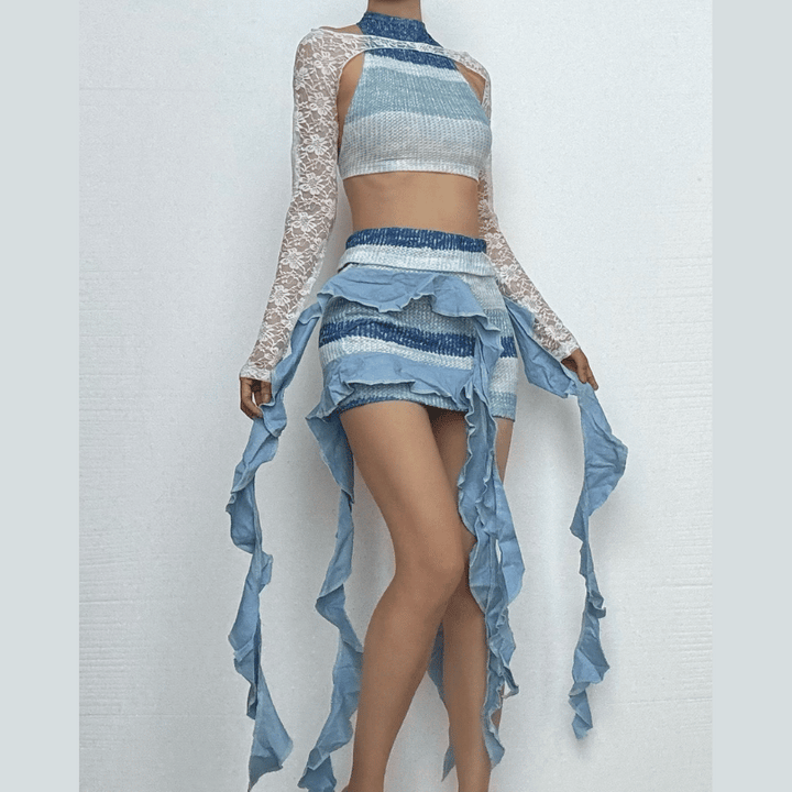 Crewneck long sleeve lace 3 piece striped print mini skirt set  | Festival Outfits Women