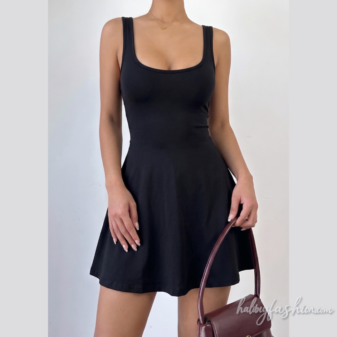 U neck backless solid A line cami mini dress