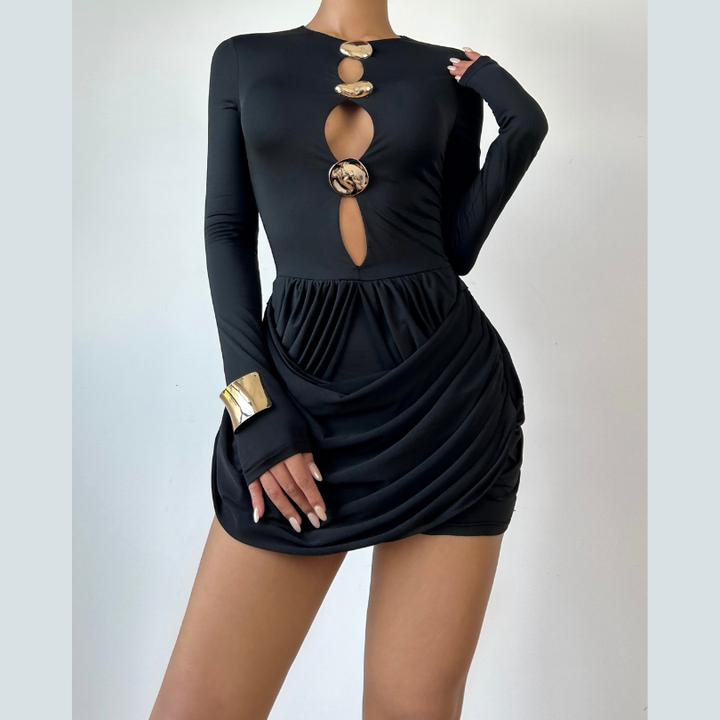 Long sleeve ruched hollow out cut out mini dress  | Festival Outfits Women