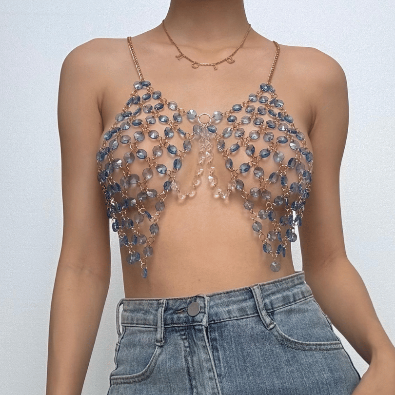 Beaded metal chain u neck backless layered cami top  | Festival Outfits Women