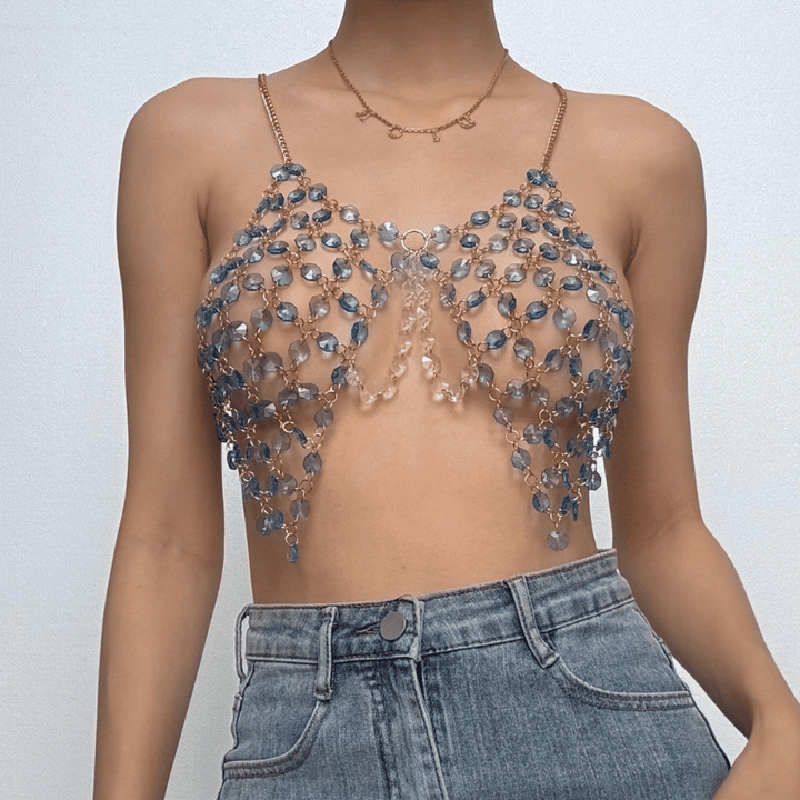 Beaded metal chain u neck backless layered cami top  | Festival Outfits Women