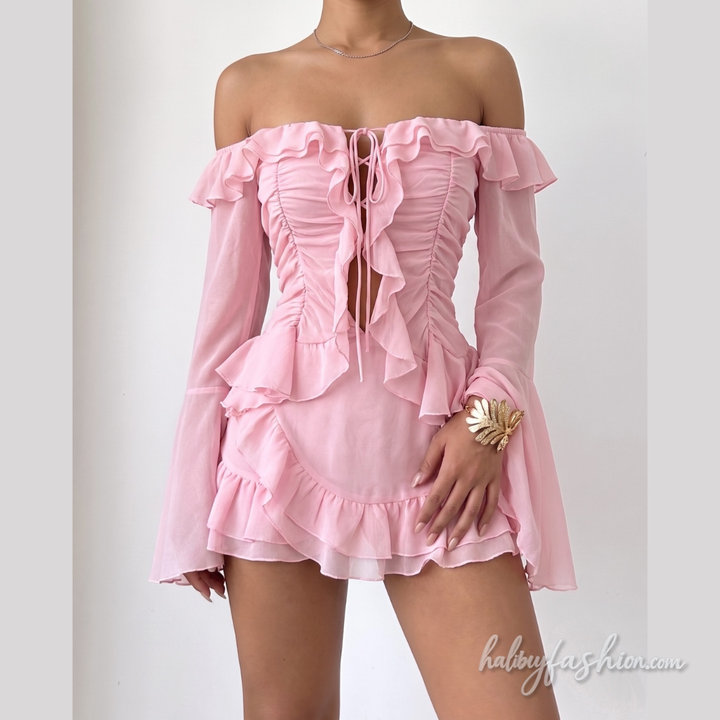 Long flared sleeve ruffle halter off shoulder mini skirt set