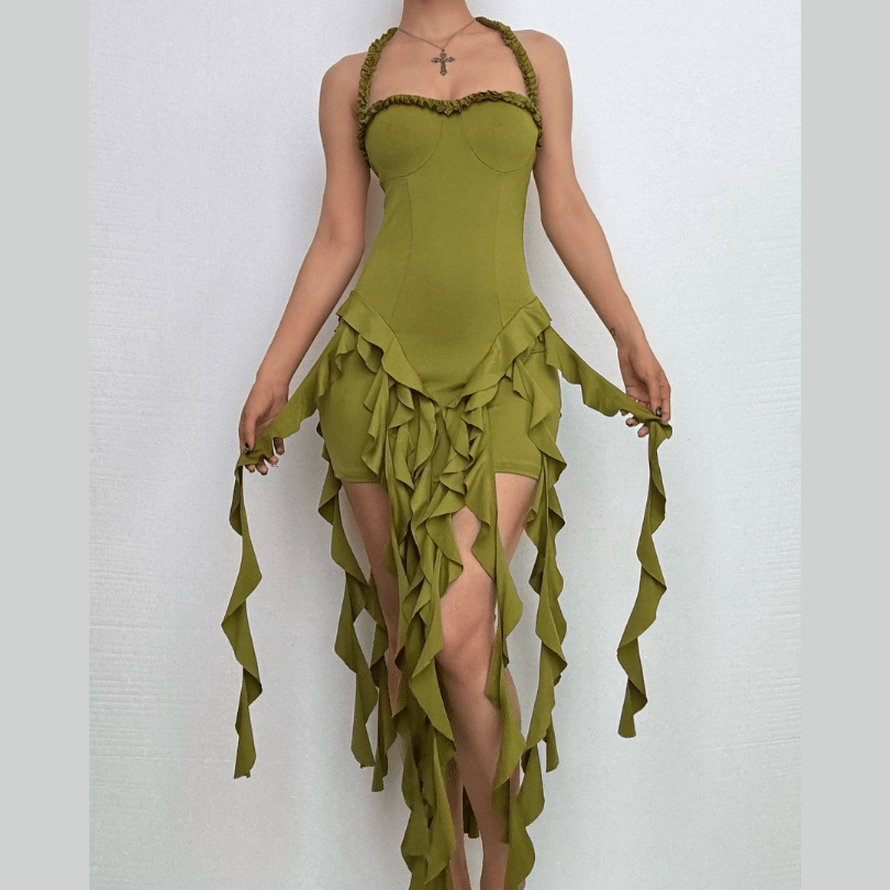 Rigar midi mai kyau da aka yi da Halter ruffle | Tufafin Biki na Mata