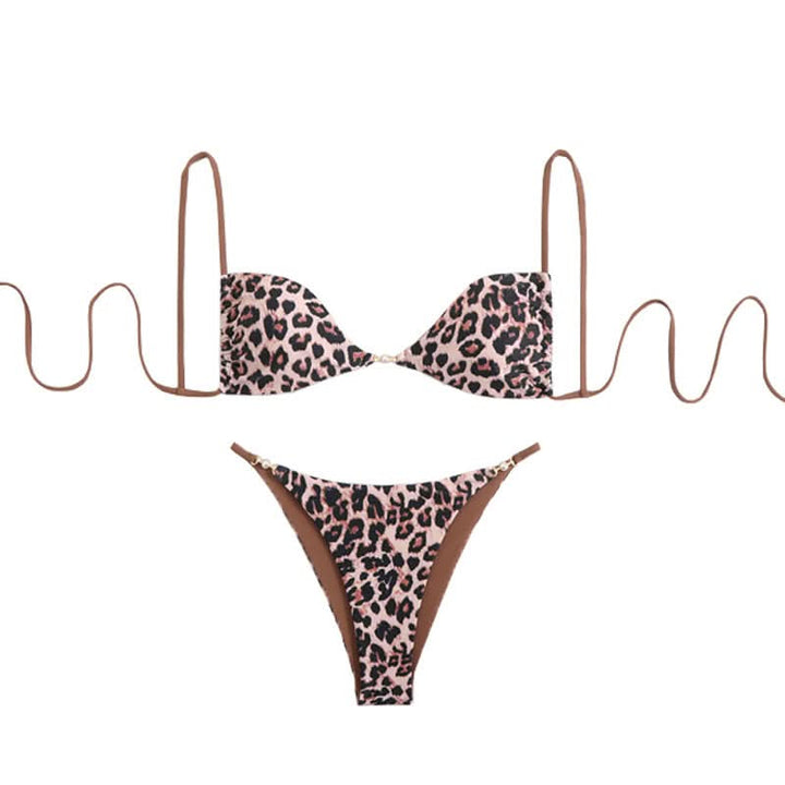 Leopard print self tie v neck cami bikini swimwear