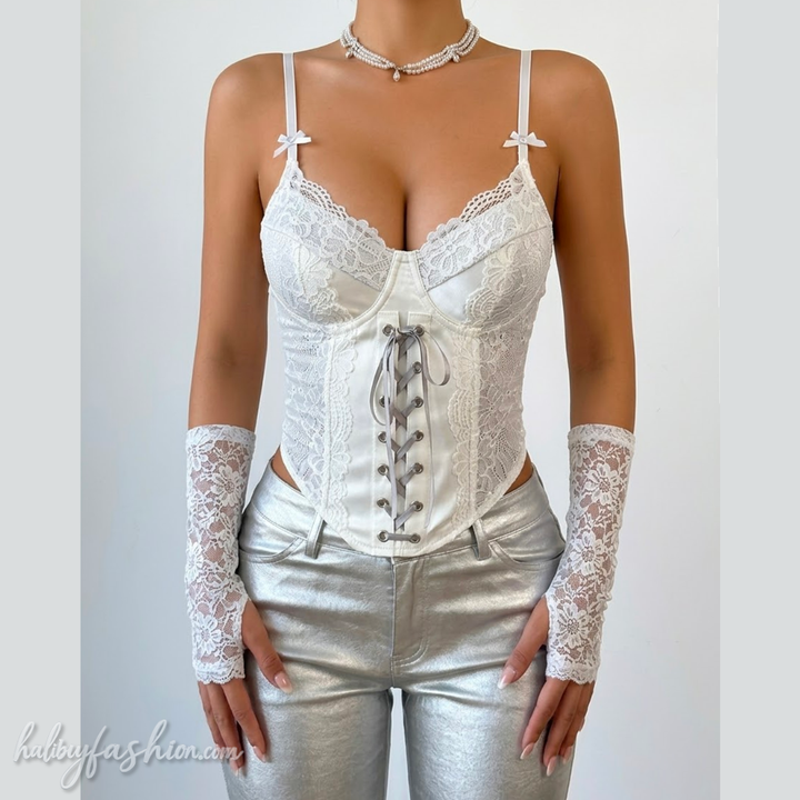 Bowknot self tie v neck lace cami top