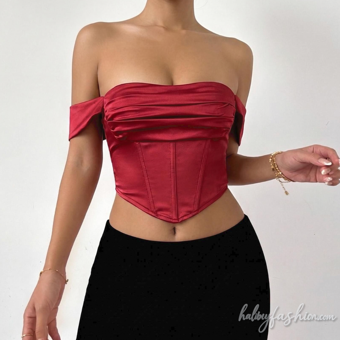Off shoulder pleated satin corset tube top  | Festival Outfits Women