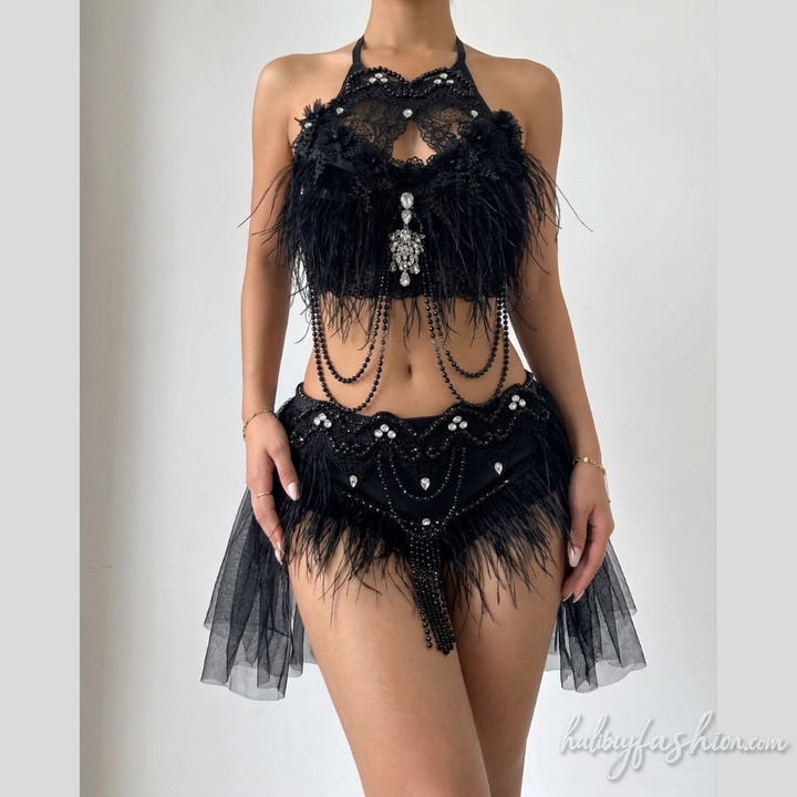 Feather hollow out beaded mini skirt set
