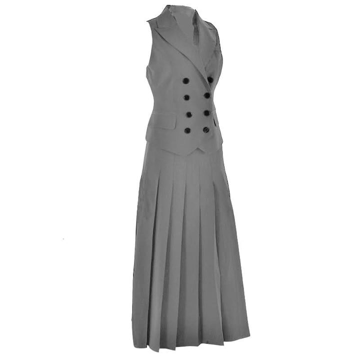 Sleeveless turnover collar button pleated maxi skirt set  | Festival Outfits Women