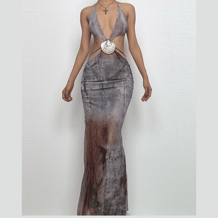 Halter self tie deep V neck sheer mesh shell applique maxi dress  | Festival Outfits Women