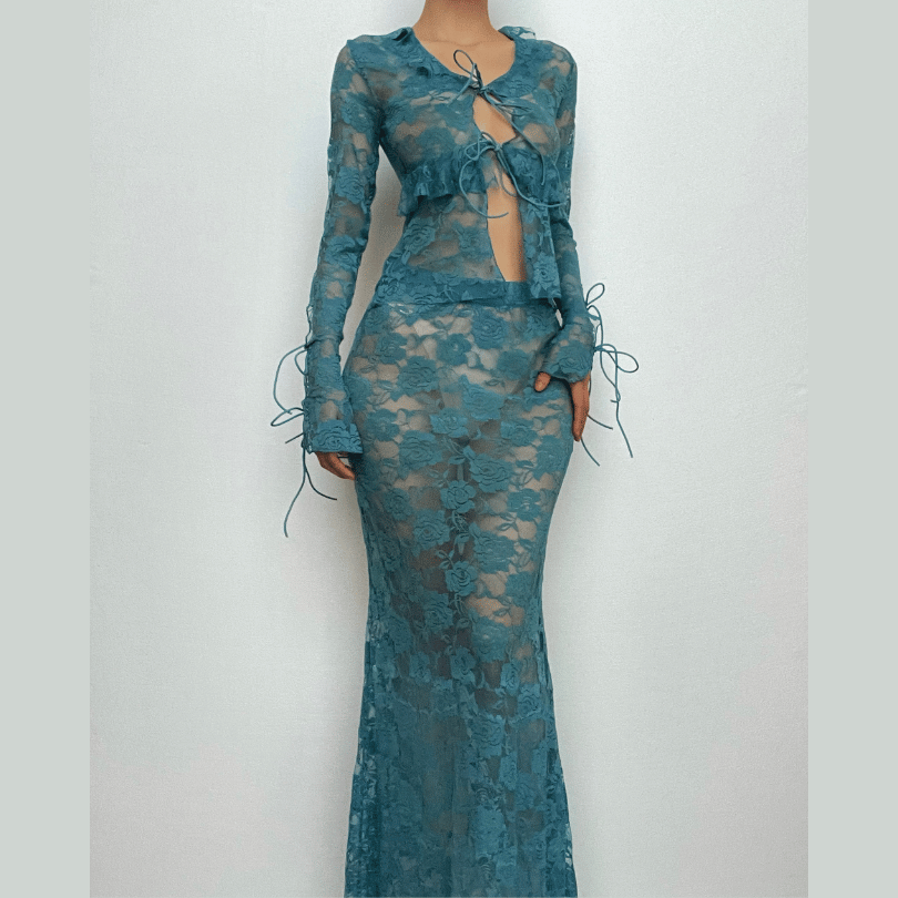 Lace see through self tie long sleeve ruffle maxi skirt set-final-sale