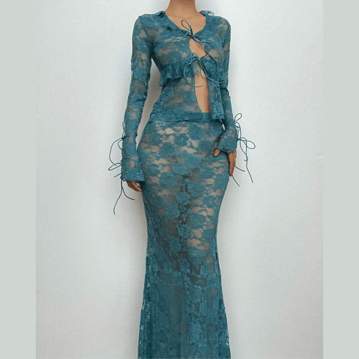 Lace see through self tie long sleeve ruffle maxi skirt set-final-sale