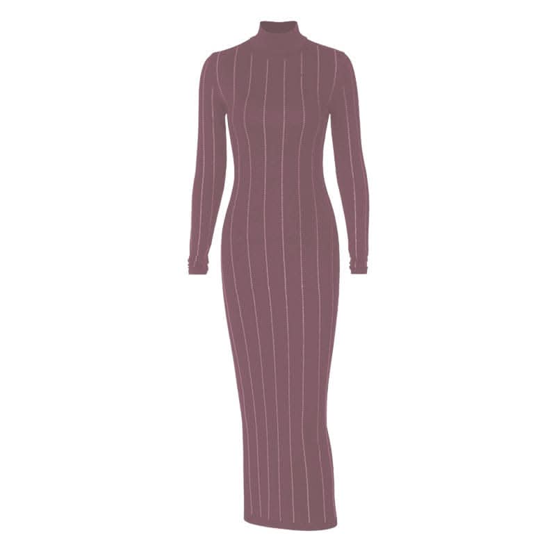 Long sleeve high neck beaded solid midi dress-final-sale  | Festival Outfits Women