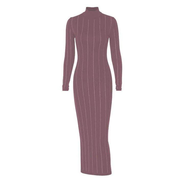 Long sleeve high neck beaded solid midi dress-final-sale  | Festival Outfits Women
