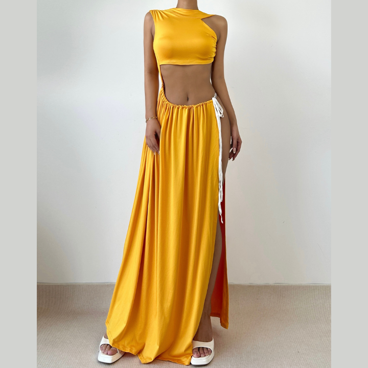 Ruched backless high slit crop maxi skirt set  | Festival Outfits Women