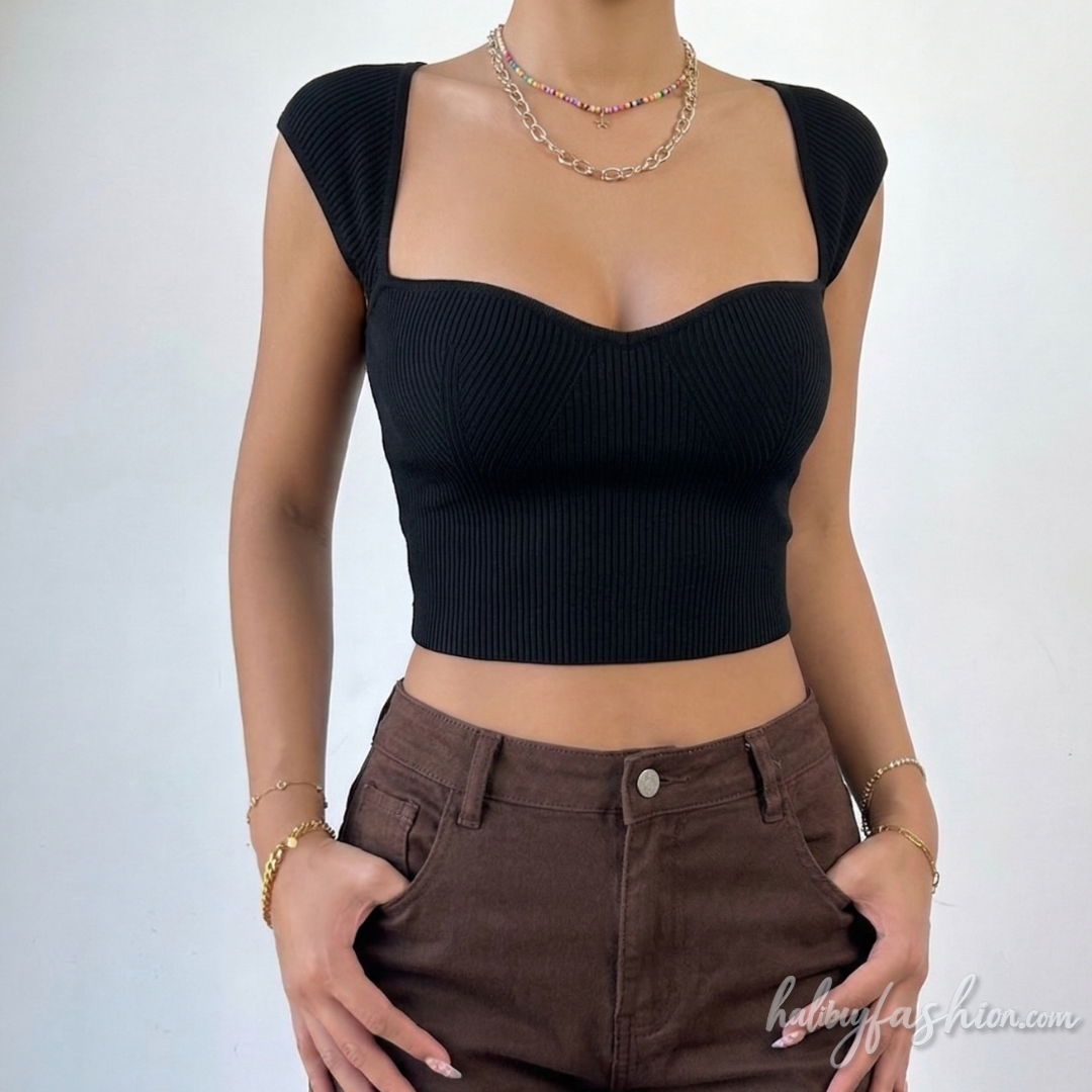 Low cut heart neck sleeveless solid ribbed crop top