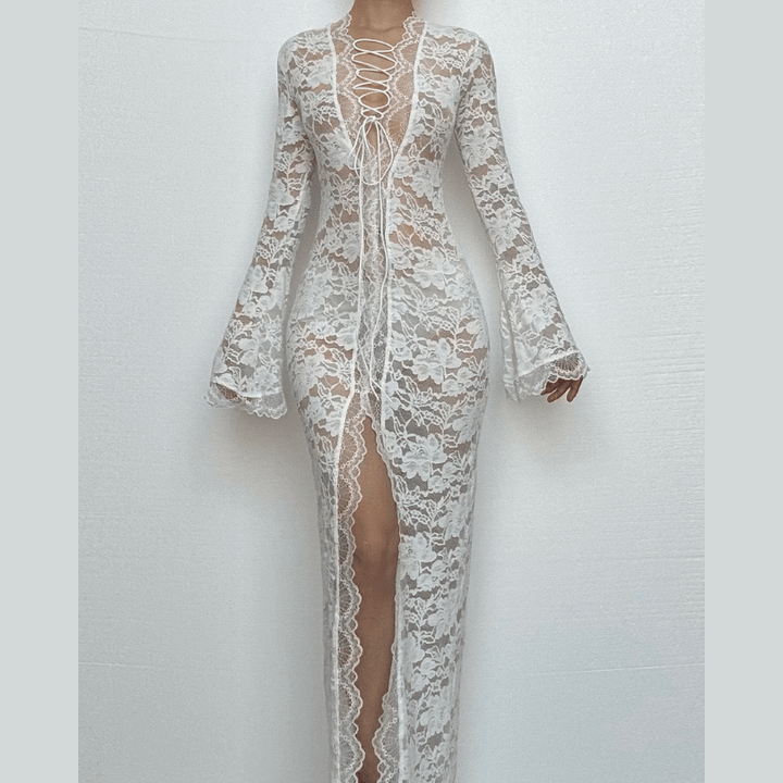 Long sleeve lace cross front slit maxi dress  | Festival Outfits Women