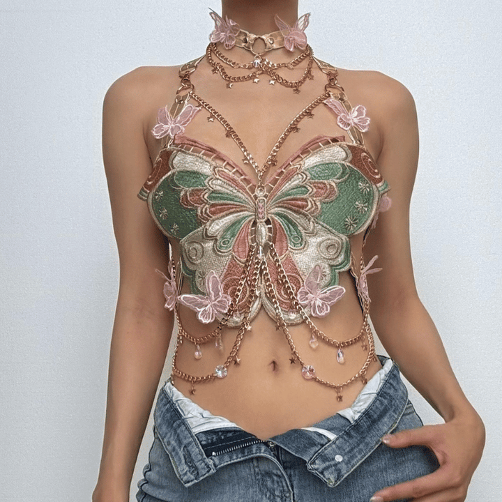 Butterfly embroidery metal chain halter top with choker  | Festival Outfits Women