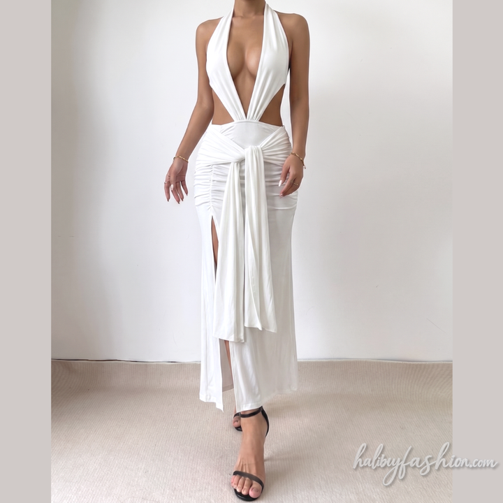 Ruched deep V neck halter self tie slit maxi dress - Halibuy