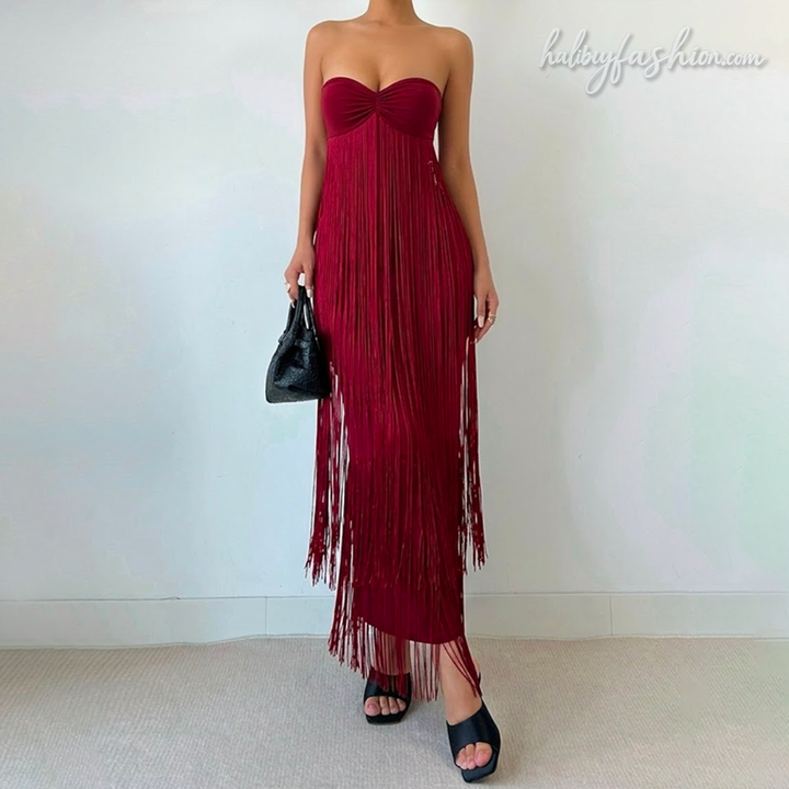 Sweetheart neck tassels backless tube maxi dress  | Festival Outfits Women