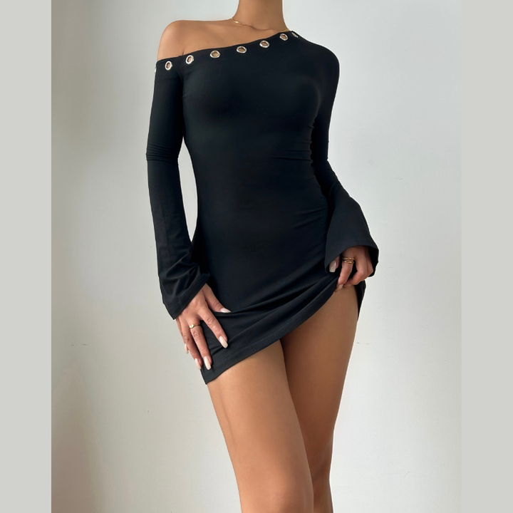 One shoulder long sleeve hollow out cut out mini dress  | Festival Outfits Women-final-sale