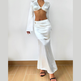 Satin long sleeve v neck maxi skirt set  | Festival Outfits Women