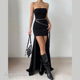 Irregular lace up backless solid tube maxi dress