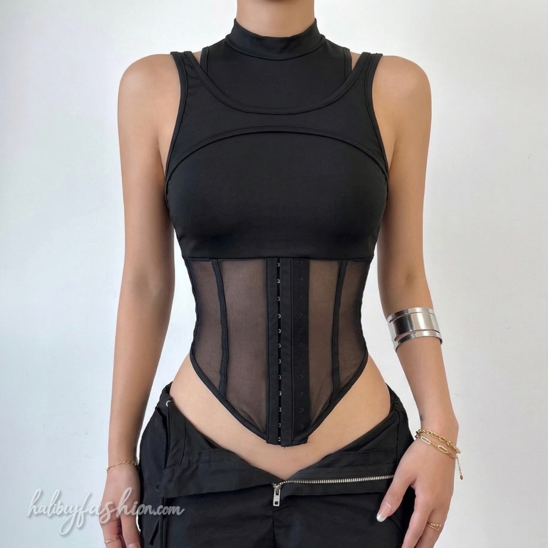 Crewneck hollow out mesh patchwork solid top