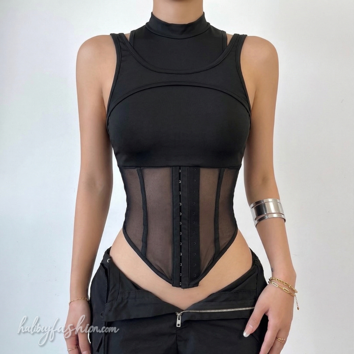 Crewneck hollow out mesh patchwork solid top