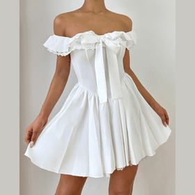 Off shoulder lace hem ruched zip-up mini dress  | Festival Outfits Women