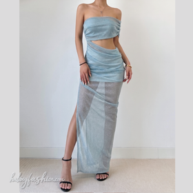 Hollow out ruched irregular slit mesh maxi dress