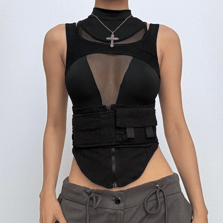 Hollow out high neck corset sleeveless zip-up crop cut out top