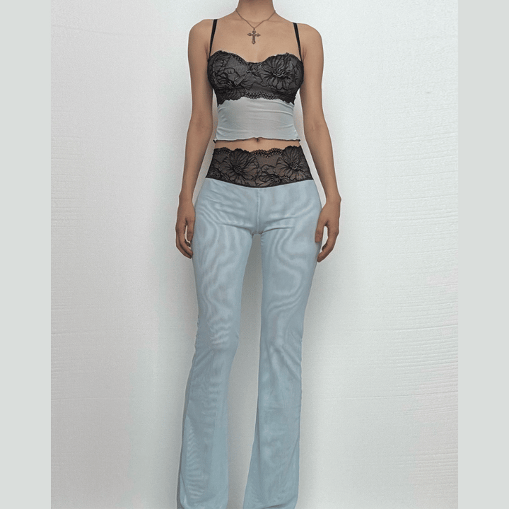 Lace mesh ruffle sweetheart neck cami pant set  | Festival Outfits Women