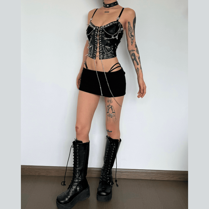 Metal chain rivet lace up PU leather cami top  | Festival Outfits Women-final-sale