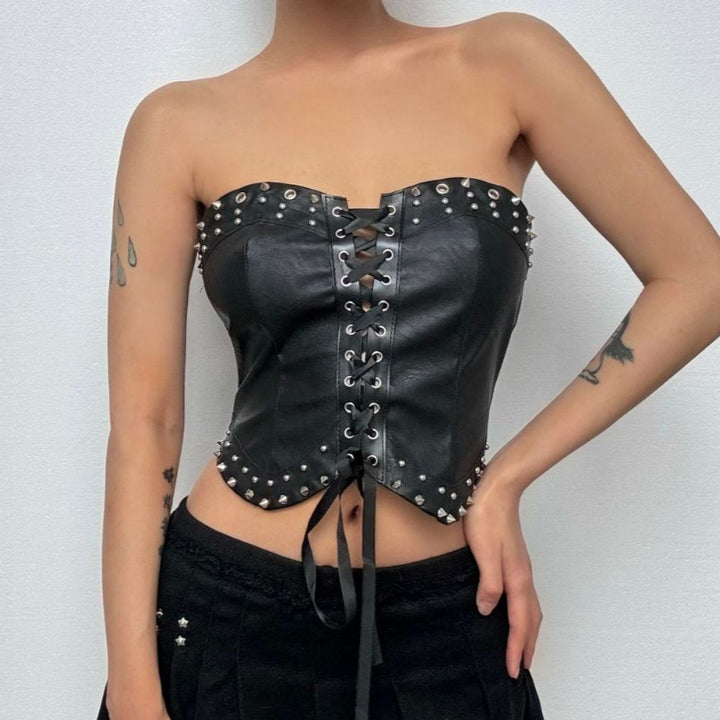 Lace up PU leather metal chain tube top  | Festival Outfits Women