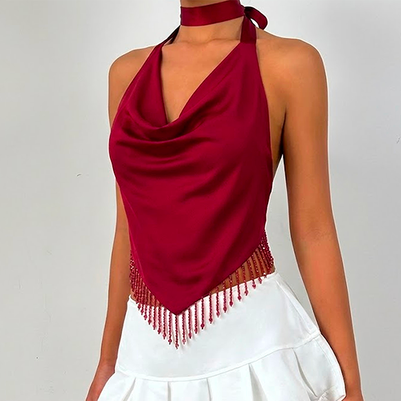 Halter self tie cowl neck tassels backless top  | Festival Outfits Women