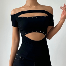 Hollow out off shoulder beaded short sleeve cut out top  | Festival Outfits Women