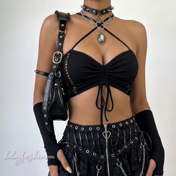 Cross back crochet hollow out v neck drawstring crop cut out top