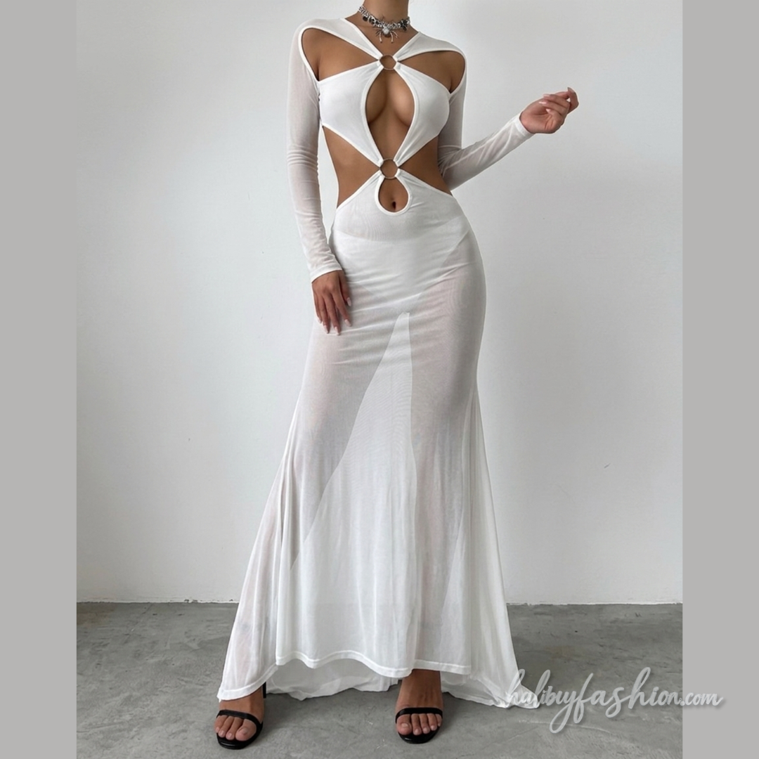 Hollow out o ring long sleeve mesh cut out maxi dress  | Festival Outfits Women