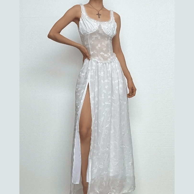 Sweetheart neck ruched textured ruffle cami maxi dress  | Festival Outfits Women