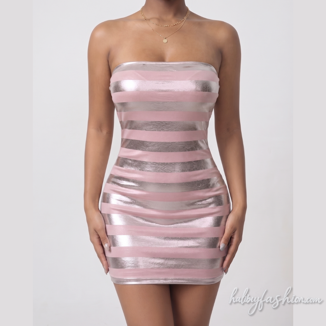 Striped metallic backless tube mini dress