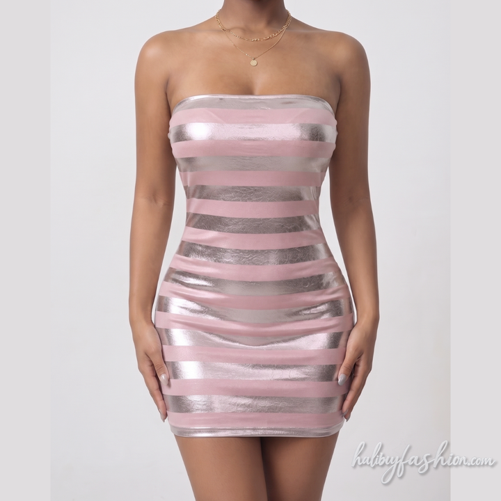 Striped metallic backless tube mini dress
