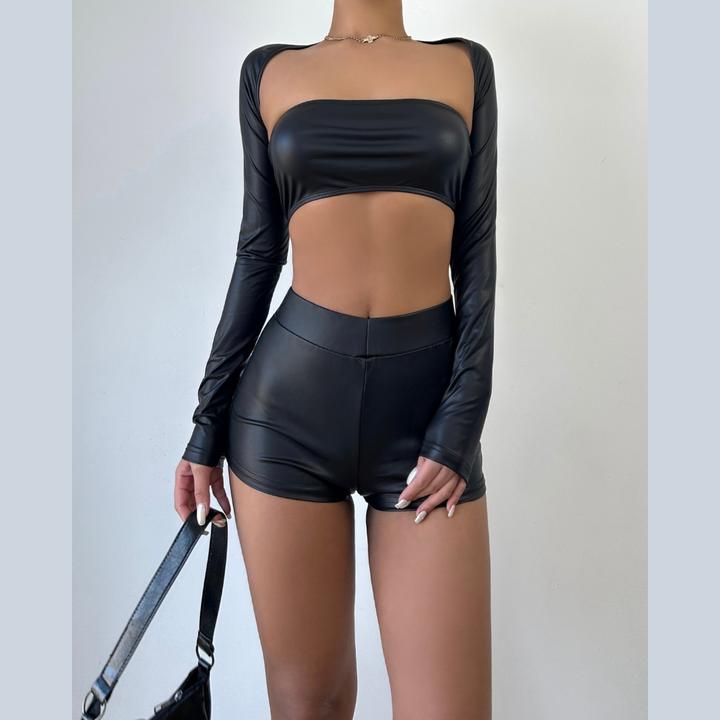 Long sleeve PU leather medium rise pant set  | Festival Outfits Women