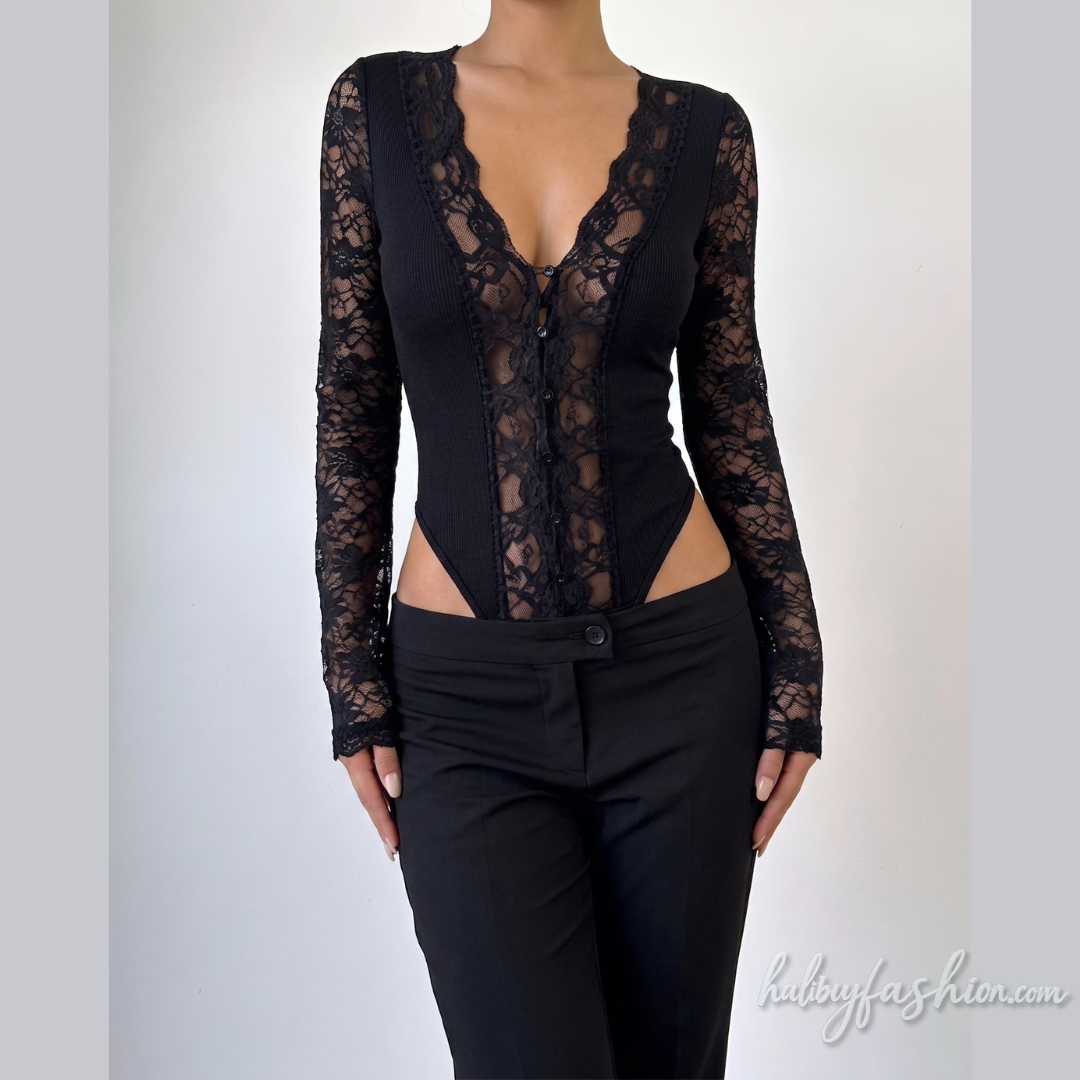 Long sleeve lace v neck button bodysuit