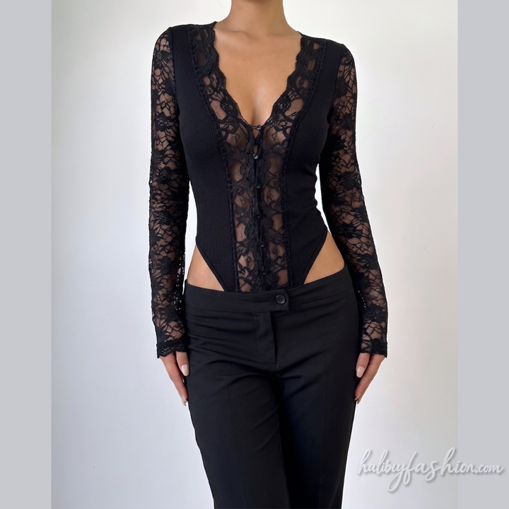Long sleeve lace v neck button bodysuit