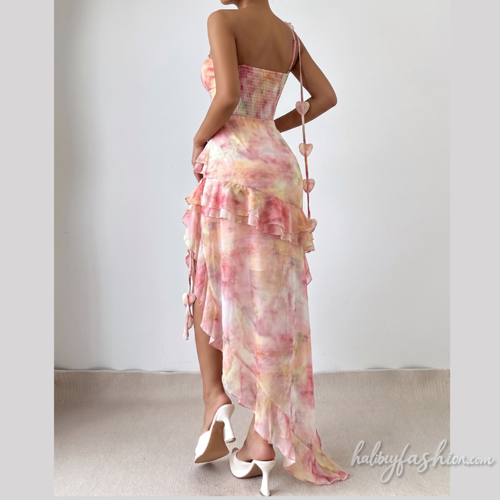 Irregular ruffle flower applique one shoulder midi dress - Halibuy - 2